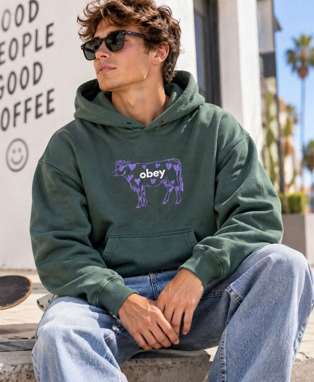 OBEY Cow Extra Heavy Green Purple Embroidered Hearts Hoodie L